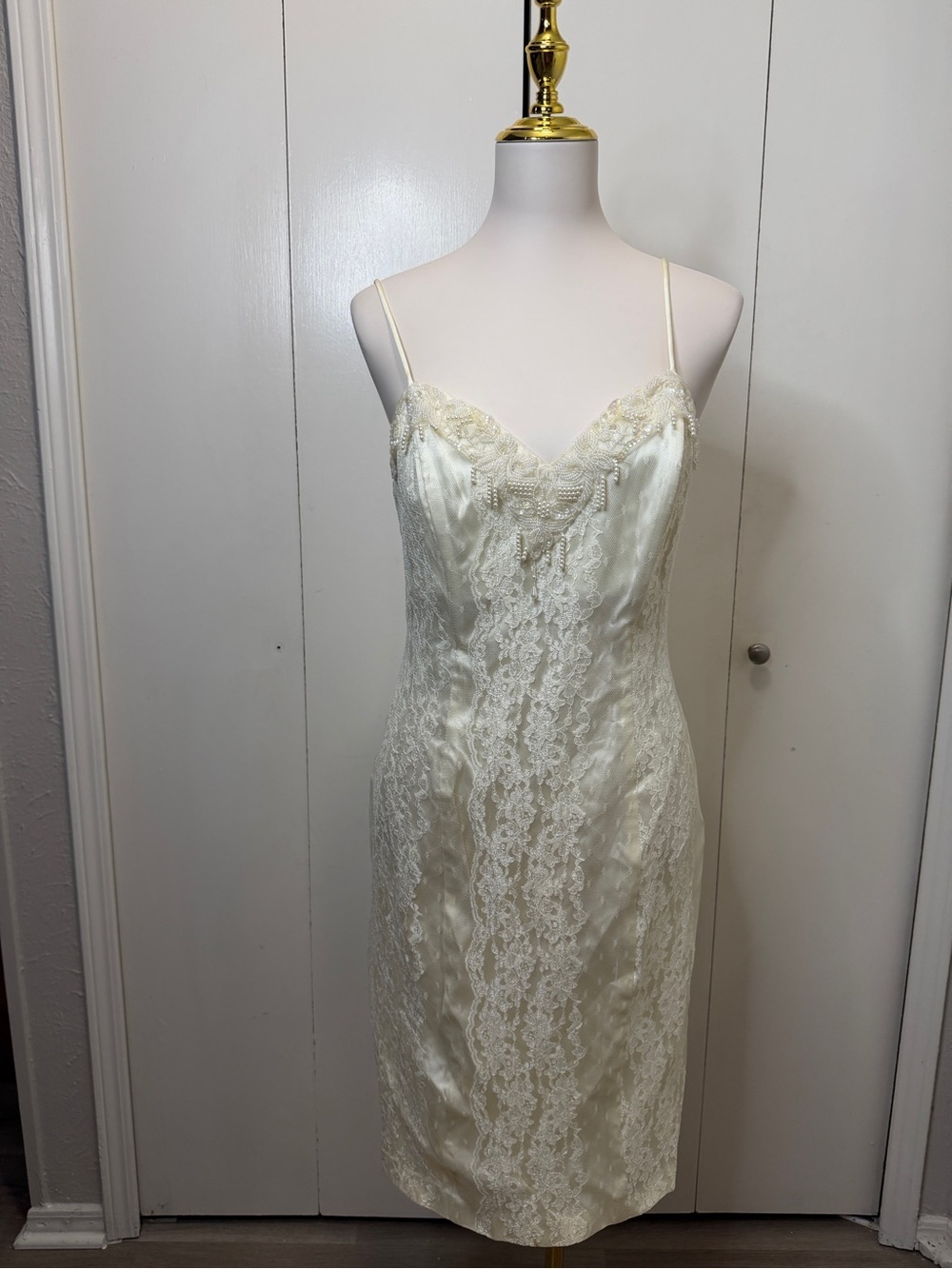 Ivory Lace-Front Midi Slip Dress with Delicate Straps